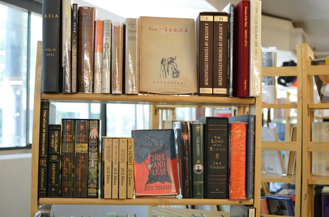Rows of books on a library shelf