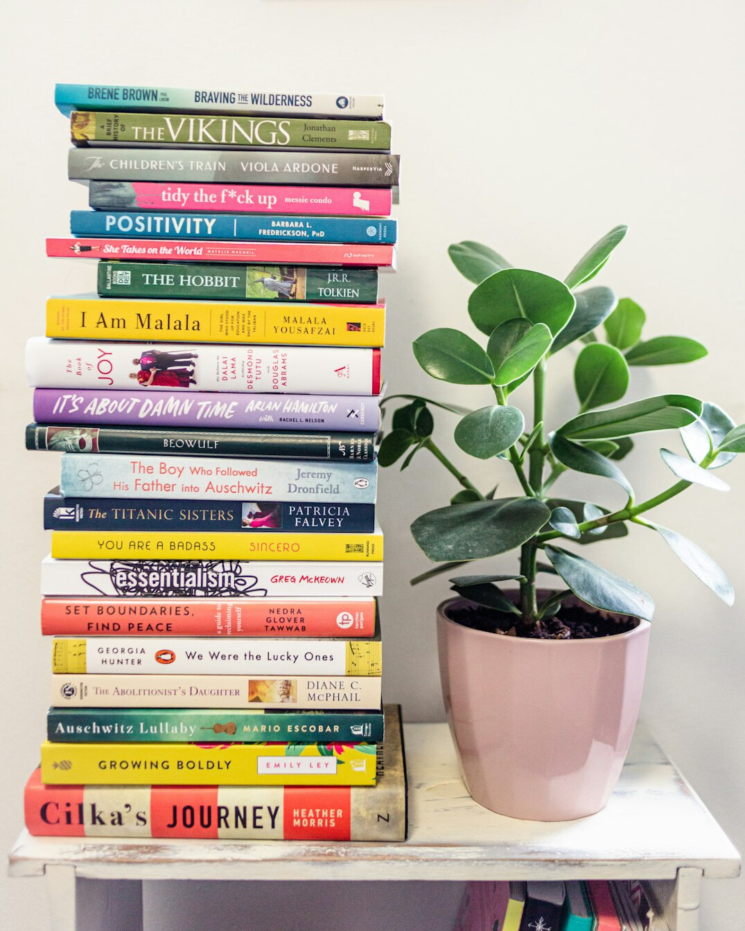 Stack of colorful books on a shelf